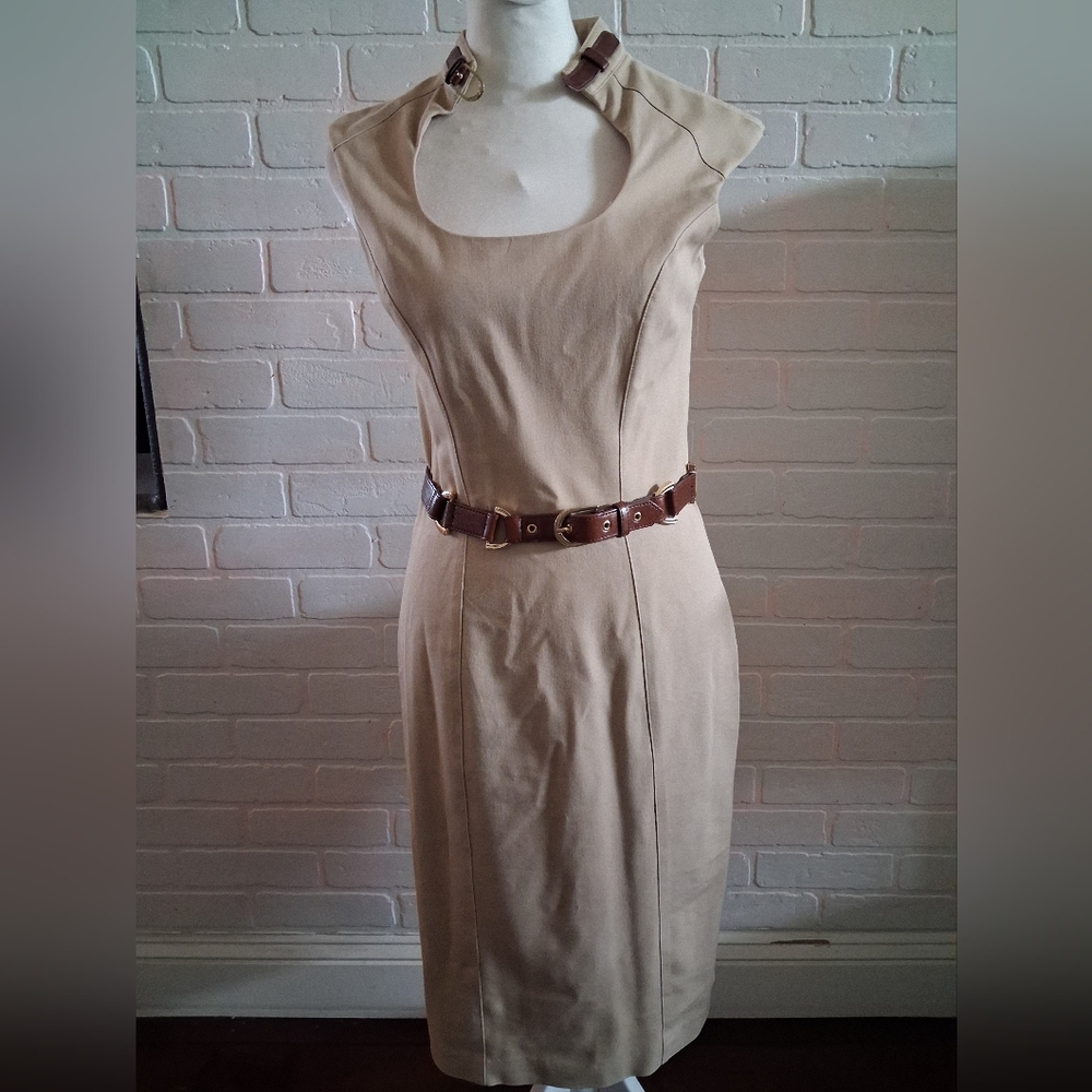 Classic Beige Sheath Dress with Brown Belt